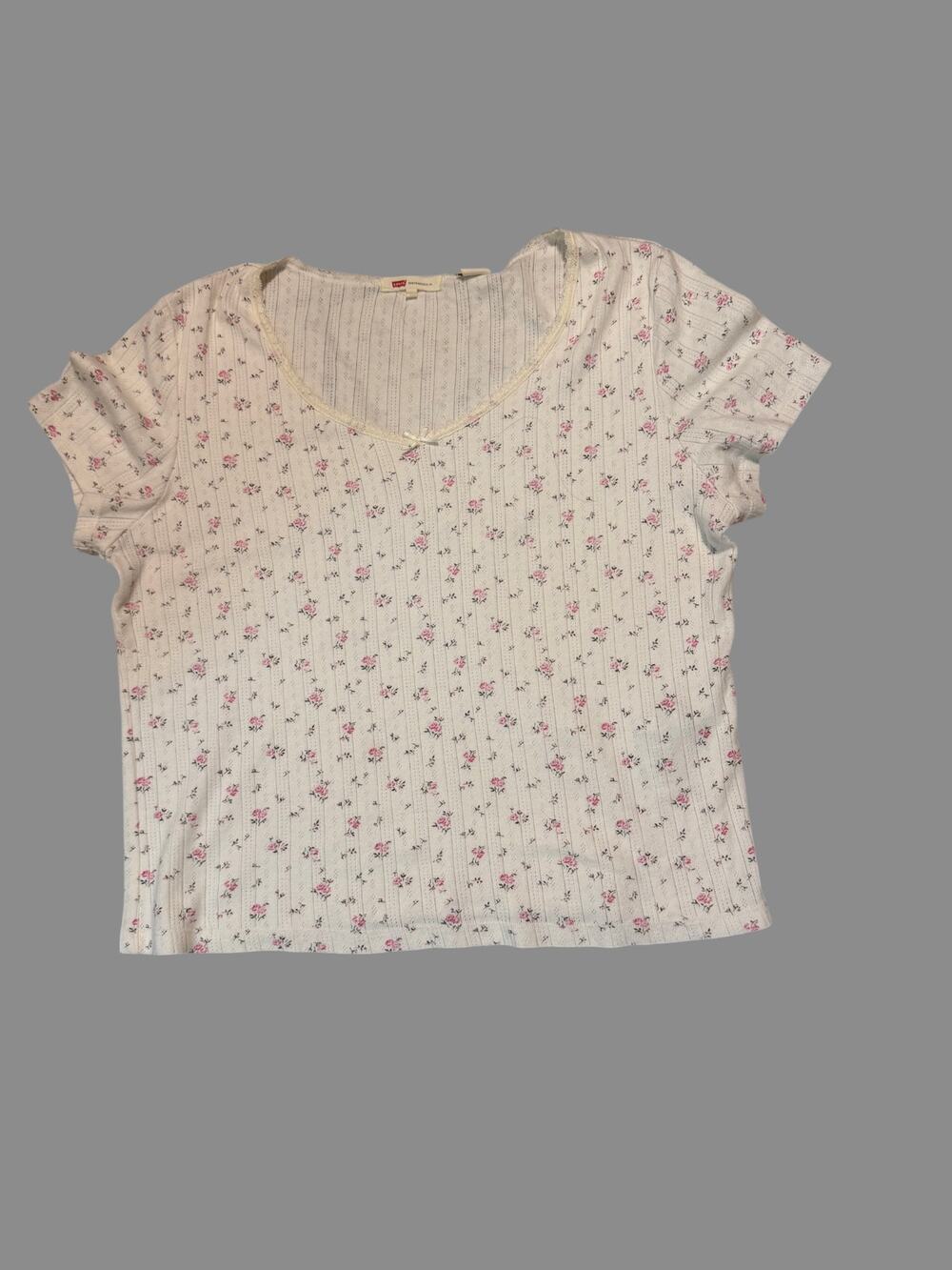 Levi's Women's XL White Floral Pointelle Scoop Neck Tee Cottagecore Baby Tee